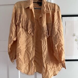 Women's Fringe Button Down Shirt - Tan 100% silk